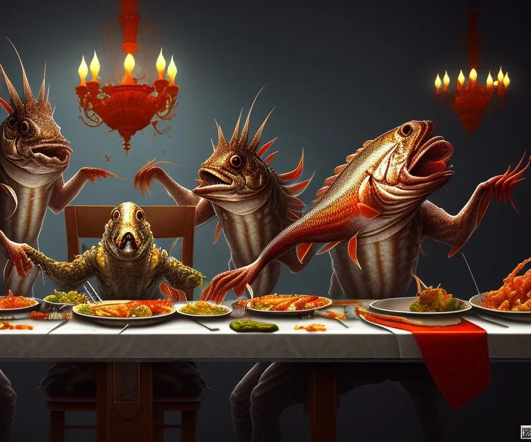 supper, fish sit at the table and eat pieces of people.