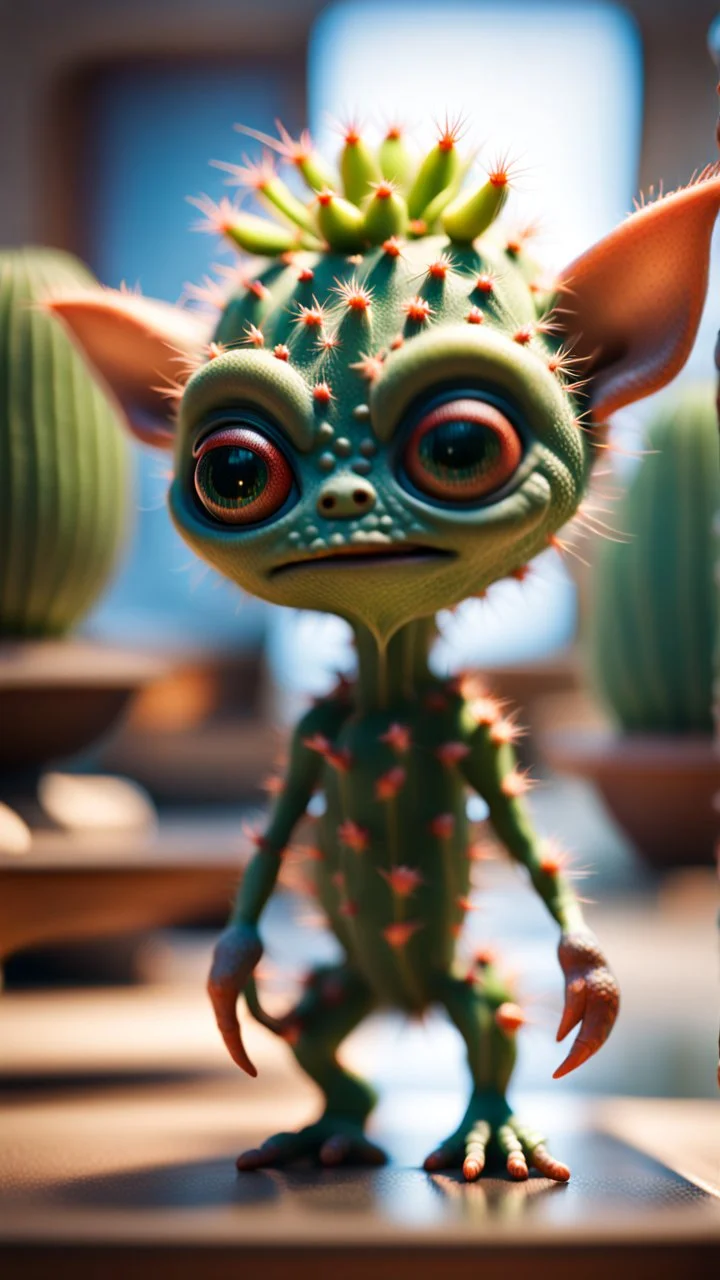 cactus alien gremlin in art gallery,bokeh like f/0.8, tilt-shift lens 8k, high detail, smooth render, down-light, unreal engine, prize winning