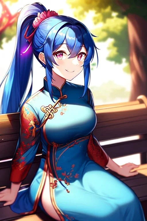 girl, masterpiece, best quality, cinematic lighting, detailed outfit, vibrant colors, perfect eyes, blue hair, pink eyes, ponytail, long hair, glowing light, ray tracing, depth of field, chinese clothes, smiling, sitting on bench, under tree, light rays, looking up,