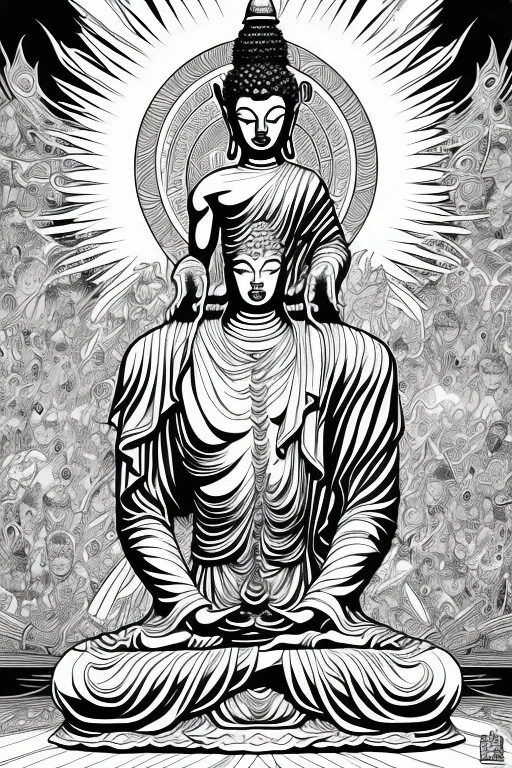 comic book line art, black and white, buddha, pencil and ink manga drawing, clean ink detailed line drawing