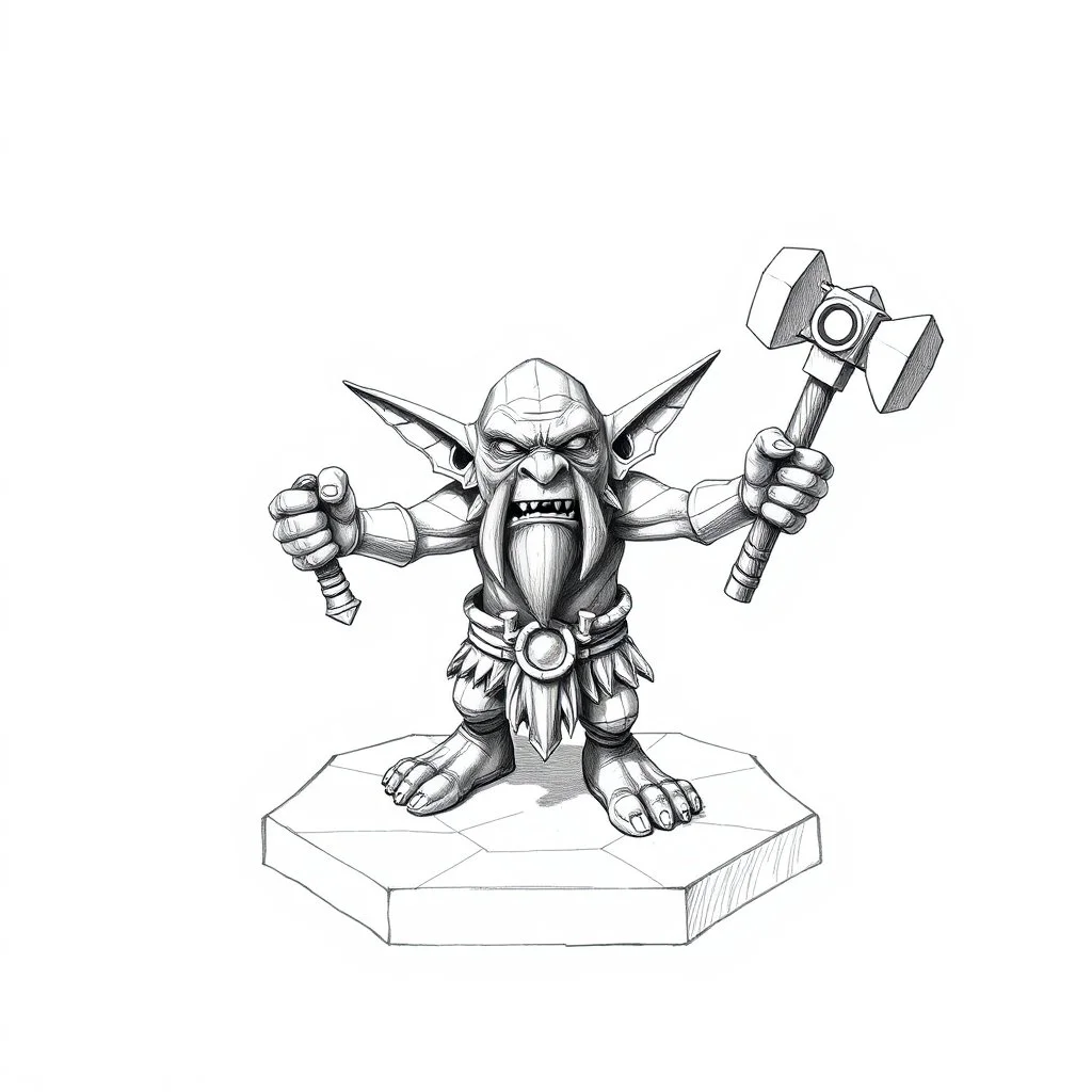 low poly, goblin troll miniature model half painted arms outstretched holding battle hammer offering gift, standing on black and white pencil drawn hexagon grid