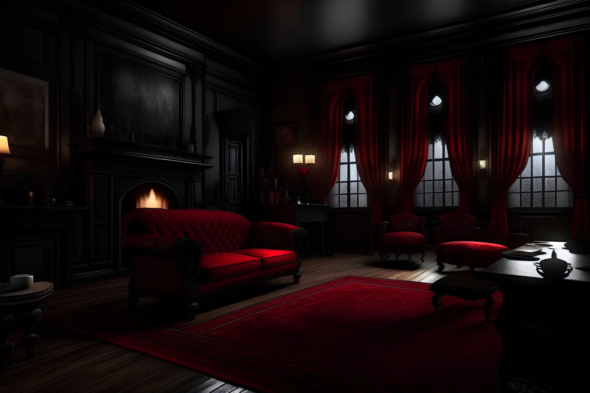 gran salon oscuro y tetrico con telas rojas medieval