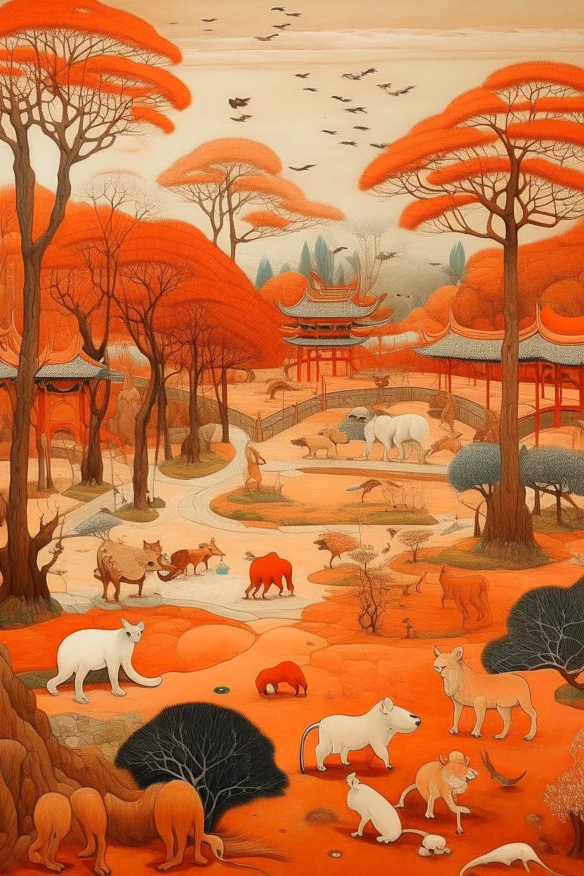 A tannish orange colored arena grounds with animals painted by Zhang Lu