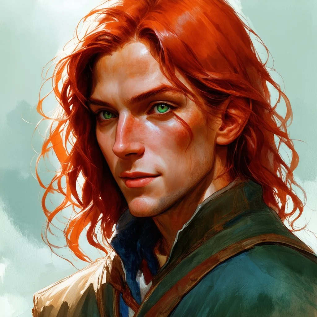 dnd, fantasy, watercolour, stylistic, portrait, illustration, dull colours, male, face, narrow long face, weathered face, green eyes, determined, happy, red hair, very long hair streaming down the shoulders, radiating light, five o'clock shadow, softer facial features