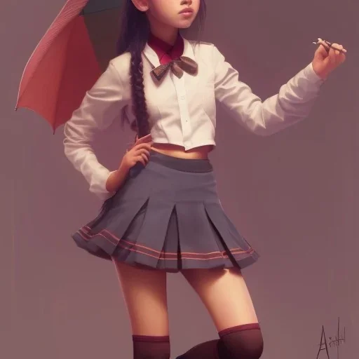 Jenna ortega with school uniform, seifuku, pleated miniskirt, overknee socks, painted by artgerm and tom bagshaw, fantasy art, dramatic lighting, highly detailed oil painting, volumetric lighting