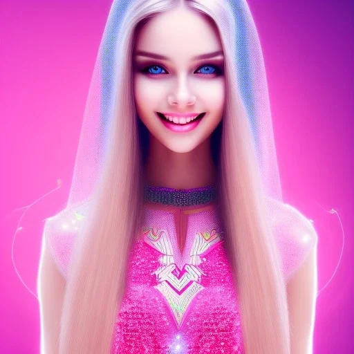 beautiful, soft, smiling face, whole head, long straight blonde hair blues eyes, crown on the head, clothing in transparent bluish and pink veil, background brillante bluish and pink,