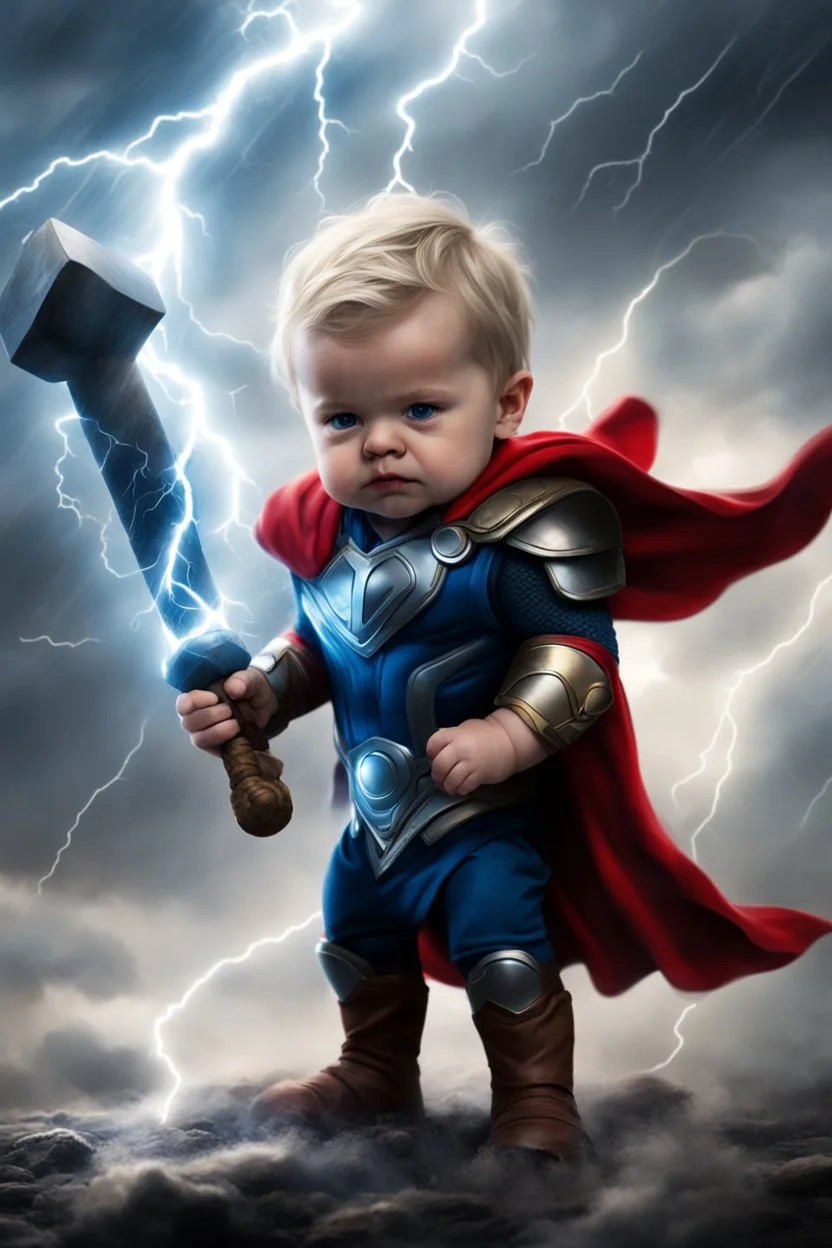 thor, as a little baby, wearing thor costume, hammer, lightening, epic compsition, thunderwaves from body