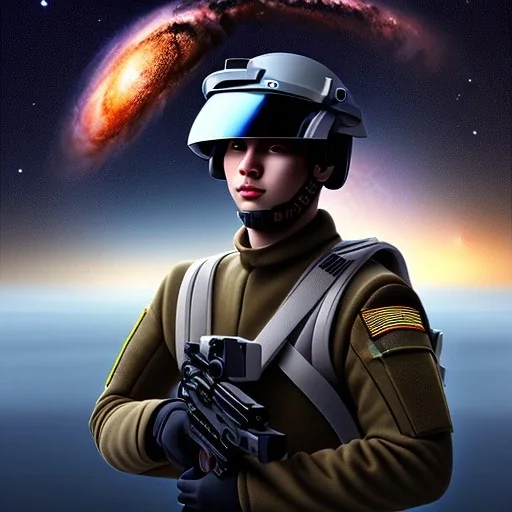 portrait of soldier holding helmet in arms, by a starship window with a view to the milky way