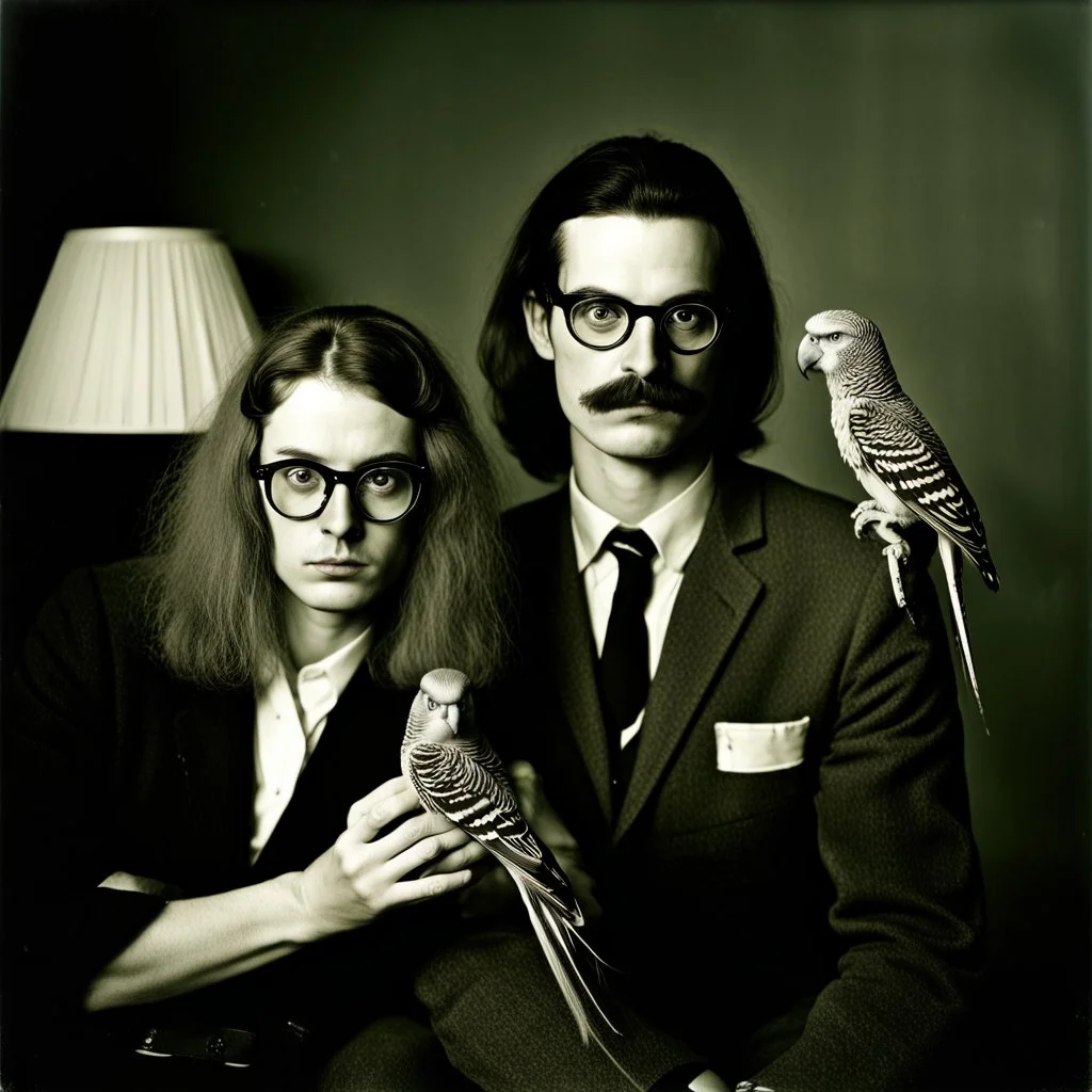 Awkward portrait Photo with a man and a woman with ugly glasses, 30 years old sitting on chair, serious look, long 1960 hair and mustasch, polaroid camera photo, holding small budgies