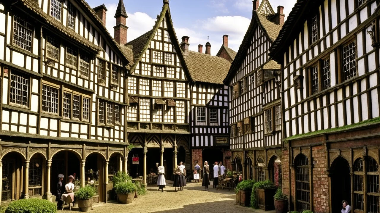 A Paved Courtyard, With Tudor Gothic Houses, Tall twisted Chimneys, warped Rooves, People, Shops,