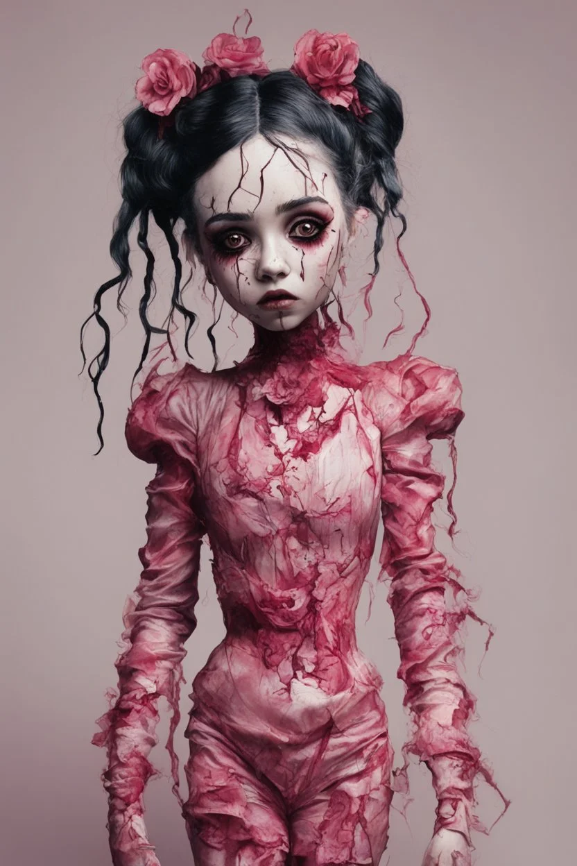 full body color, illustration of a darkred and pink tones, menacing, Singer Melanie Martinez face, as a decayed, broken, skin turned translucent, black veins that extended like roots beneath her skin, latex suit, crude homemade cloth doll toy, with a narrow cracked porcelain face, thick dark eyebrows, hair in two gradually, made from ragged strips of cloth, in the style of Alex Pardee, Tim Burton, and Nadya Sheremet