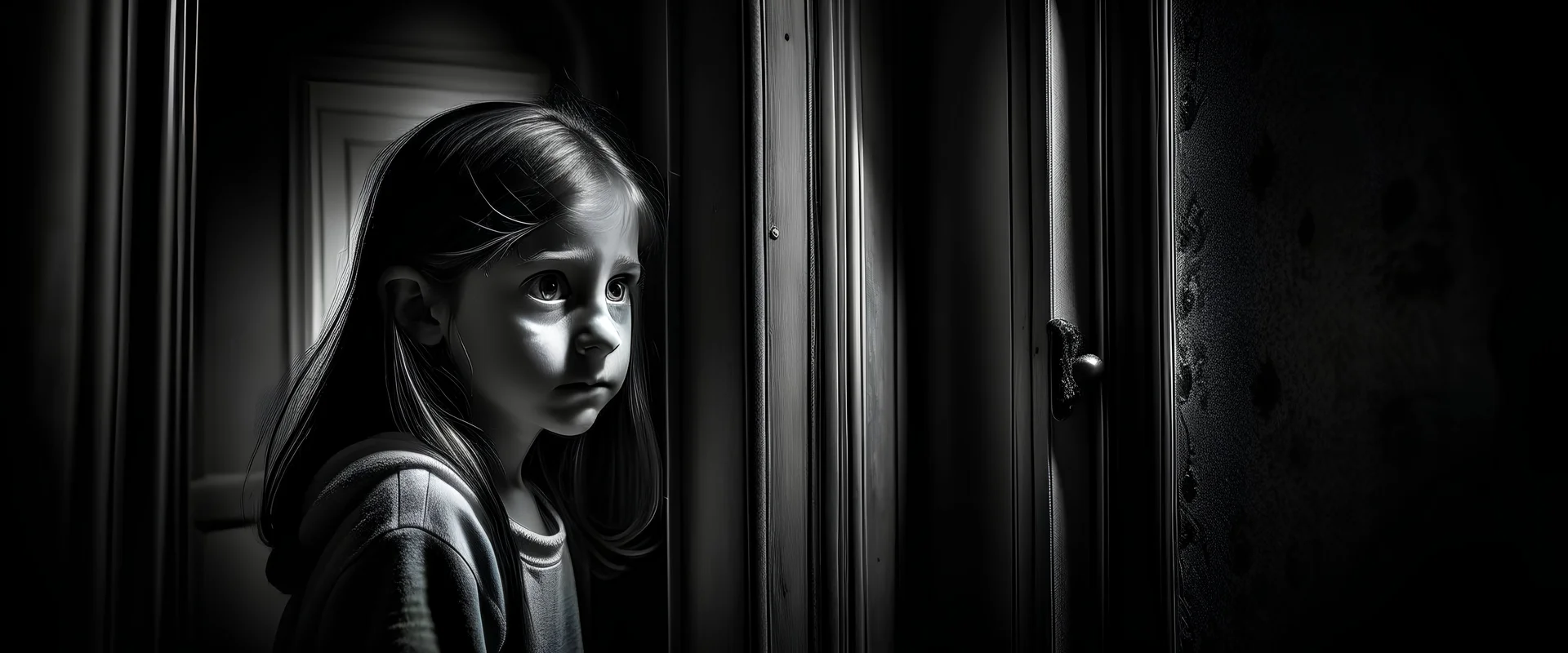 A girl stands behind the door of the room, gazing intently through it with a mixture of curiosity and sadness, as if trying to see what lies inside that mysterious room. Her eyes flicker with curiosity and confusion, and the contours of her face reflect questioning and a desire to understand the enigma hidden behind the closed doors. Soft light seeps through the gap between the door and the frame, casting its shimmering shadows on her quivering cheeks. The shadows dance in her destination room,