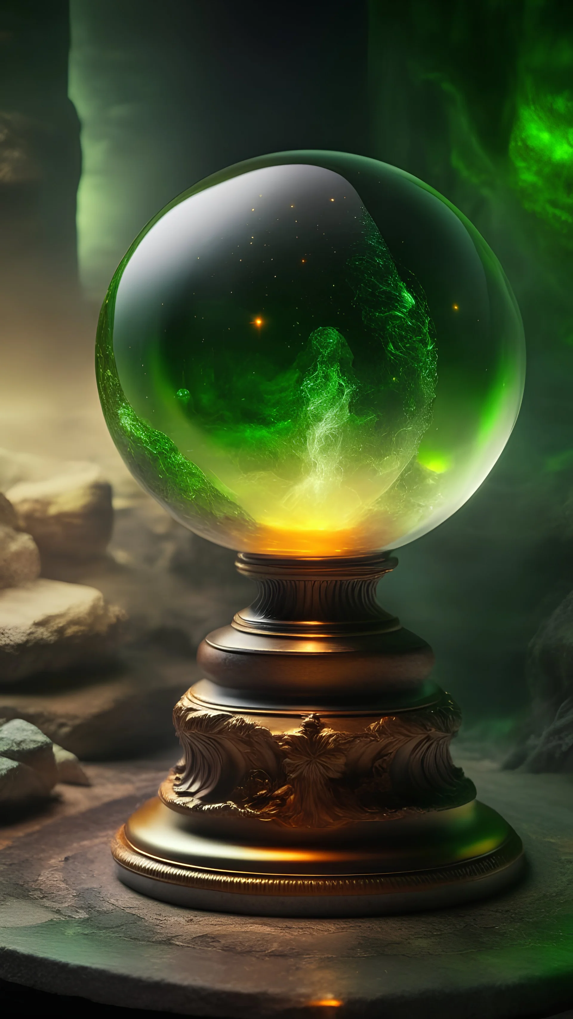 Gorgeous sparkling crystal ball with twirling green orange fog inside on marble pedestal in dark cave, dark fog rising