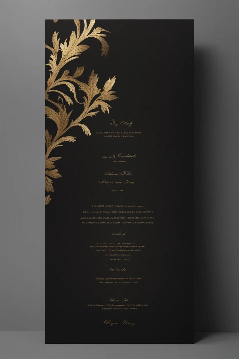 An extremely formal, funeral program for a black man on darkest bronze deeply pigmented velvet paper with brilliant, brightest heavy golden fonts, simple, minimalistic, less element, very dramatic lighting