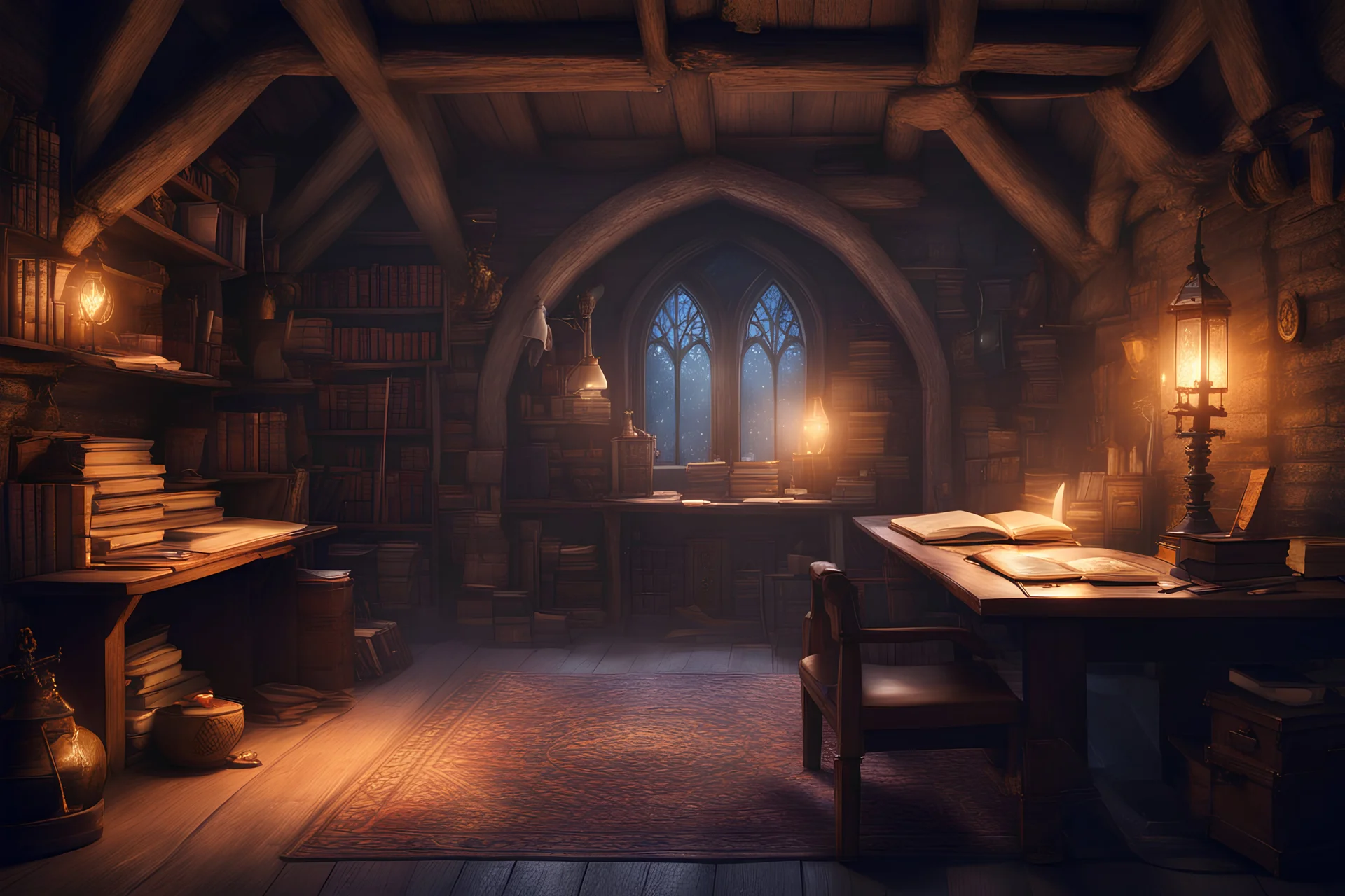 fantasy medieval study room at night