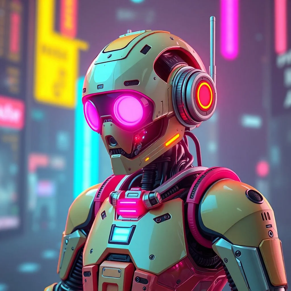a cyberpunk robot, bright colours, futuristic, dystopia, stylised, digital art, 3d render