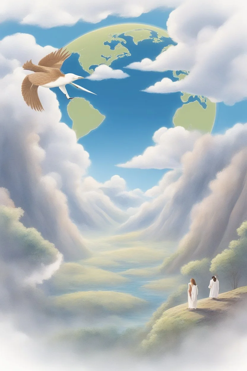 The creation of the world by God. In front of us is a valley with a beautiful landscape, where beautiful animals roam, beautiful birds fly in the sky, beautiful clouds and God in the clouds