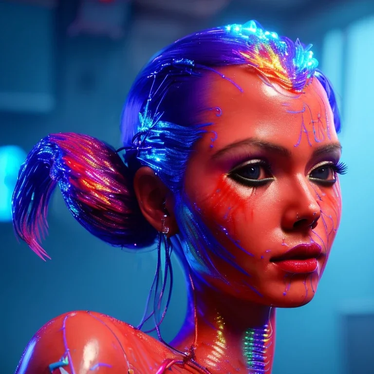 pretty florida cyber woman, cold ambient, latex, cables, purpurin, blood, black, gold, piercings, brown, decorative color feathers, circuits, neon style, a lot of led lights, fog, rain, vibrant color, highly detailed, art stations, concept art, smooth, unreal engine 5, god rays, ray tracing, RTX, lumen lighting, ultra detail, volumetric lighting, 3d, finely drawn, high definition, high resolution.