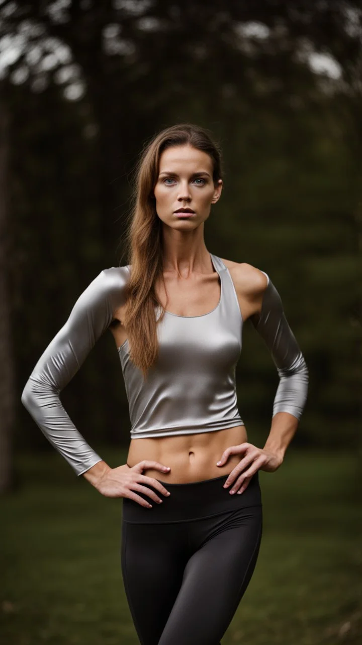 photography of a beautiful anorexic woman, silver satin top, sports illustrated, capri leggins