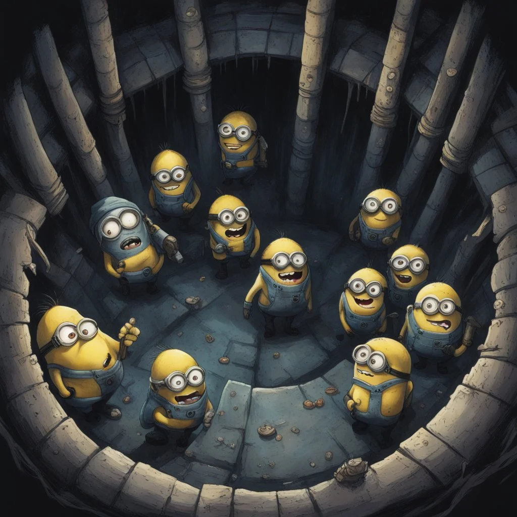 From the perspective of the bottom of a well, creepy Minions looking over the edge down at you, by Mark Brooks, dark bright colors.