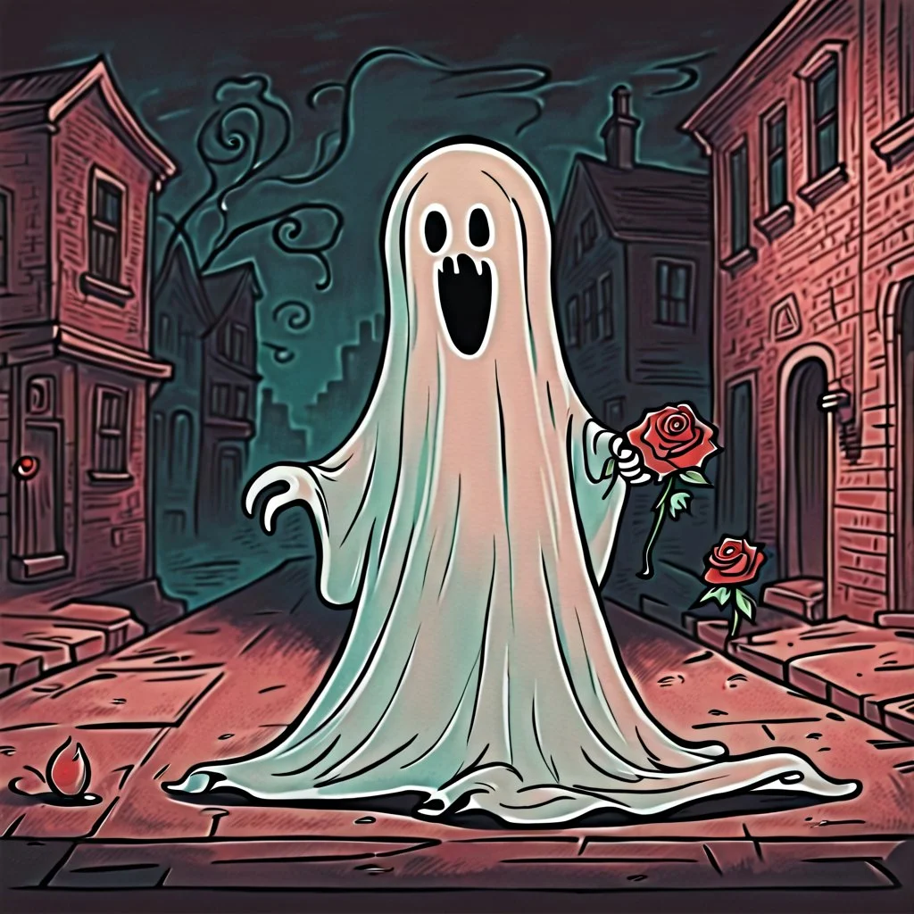 Vintage sheet Ghost animation, rubberhose drawing style, cute ghost with a rose alone on a street, cartoon art, hand drawn, cute horror, overexaggerated