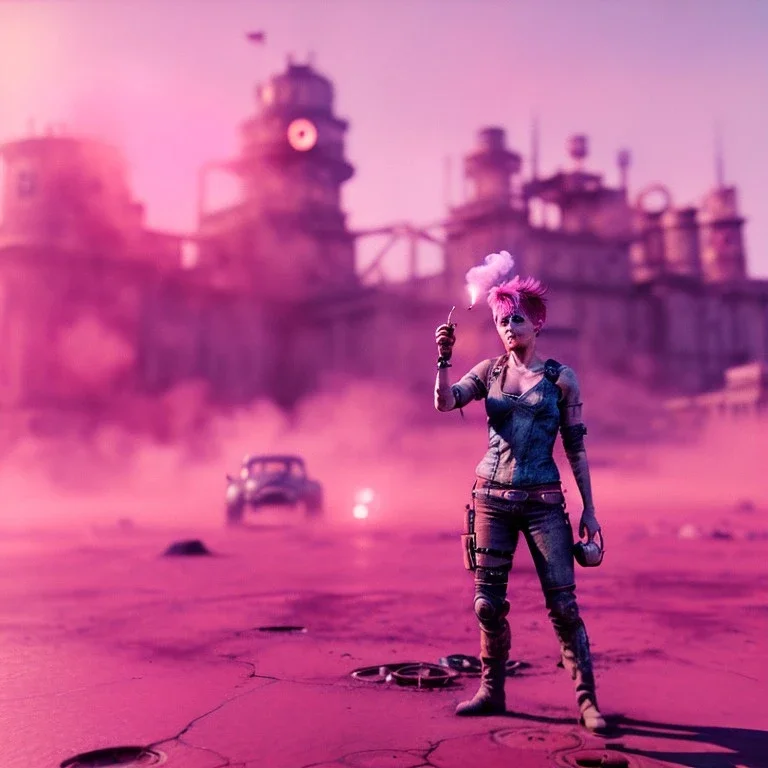 Ultra Realistic portrait photo, medium shot view, drunken women, mad max scene, sexy steampunk. Pink hair, confeti, smoking, happy, festival, red fog. highly detailed, concept art, unreal engine 5, ray tracing, RTX, lumen lighting, ultra detail, volumetric lighting, 3d, finely drawn, high definition, high resolution.