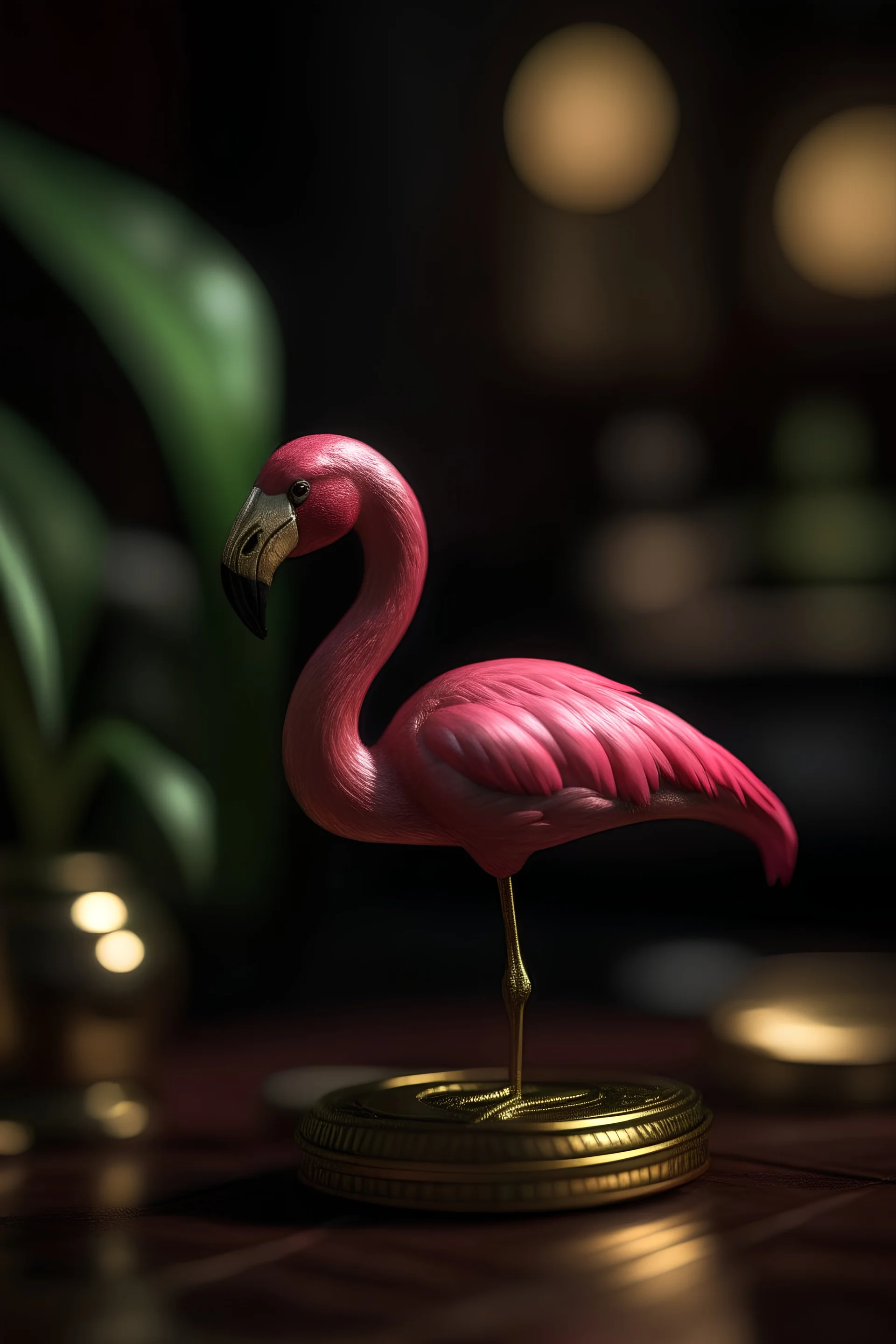 flamingo cult coin,shot on Hasselblad h6d-400c, zeiss prime lens, bokeh like f/0.8, tilt-shift lens 8k, high detail, smooth render, down-light, unreal engine, prize winning