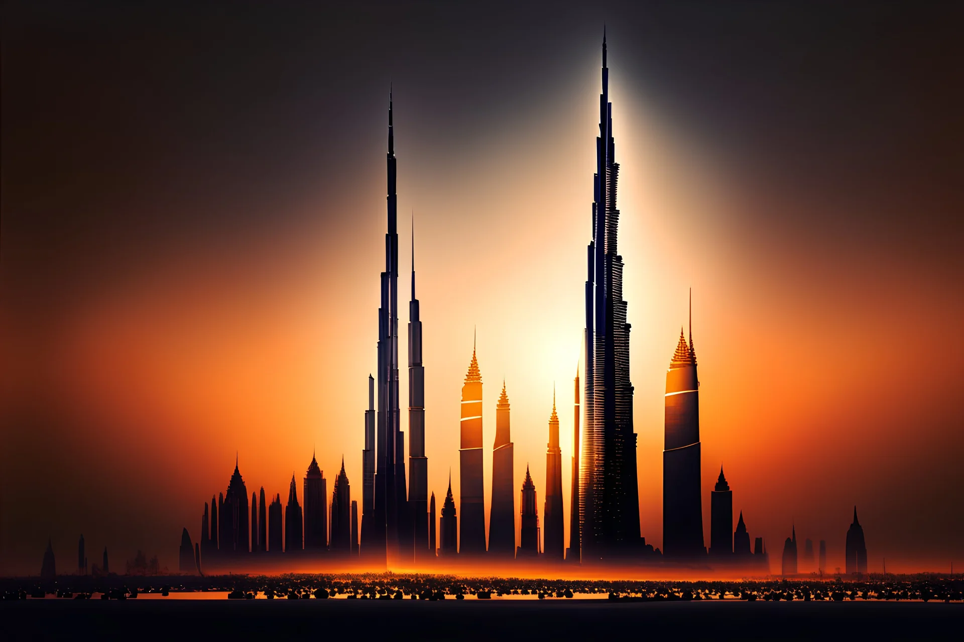 a photorealistic image of Burj Khalifa, sunset, abstract, featuring the skyline