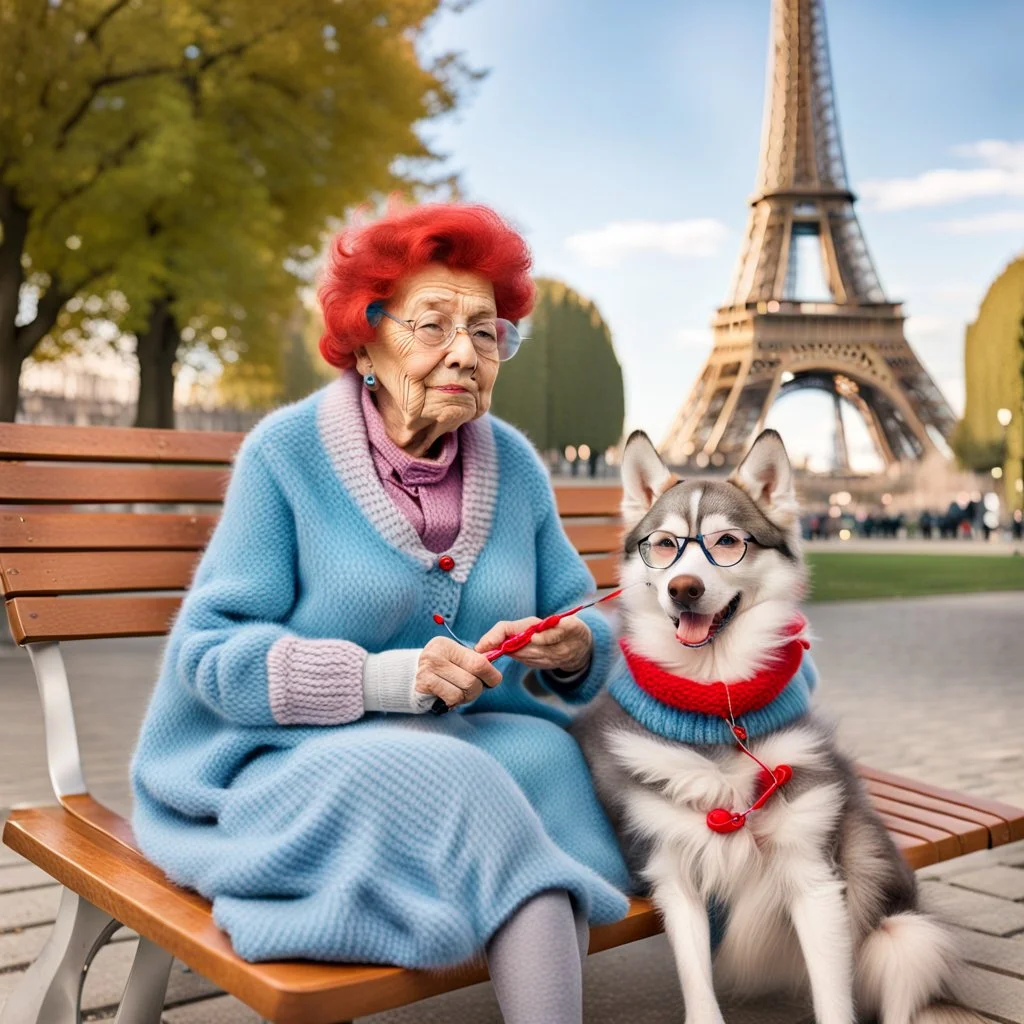 An elderly woman is knitting on a park bench, accompanied by her furry companion - a calm husky dog ​​resting next to her. In the background is the Eiffel Tower. The woman's lively personality shines through her whimsical outfit - a light blue sweater, striped tights and large round glasses perched on her nose. Her spiky red hair adds a touch of glamor to the scene. The sweet dog, with a shaggy yellow coat, lies peacefully with his head resting on the knitted fabric, providing a faithful compani