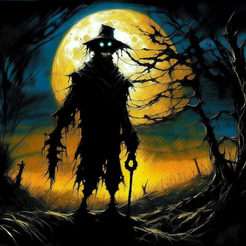 double exposure silhouette of lovecraftian scarecrow, moon rise, by Dan Mahurin, incredible composition; loose brush strokes oil painting