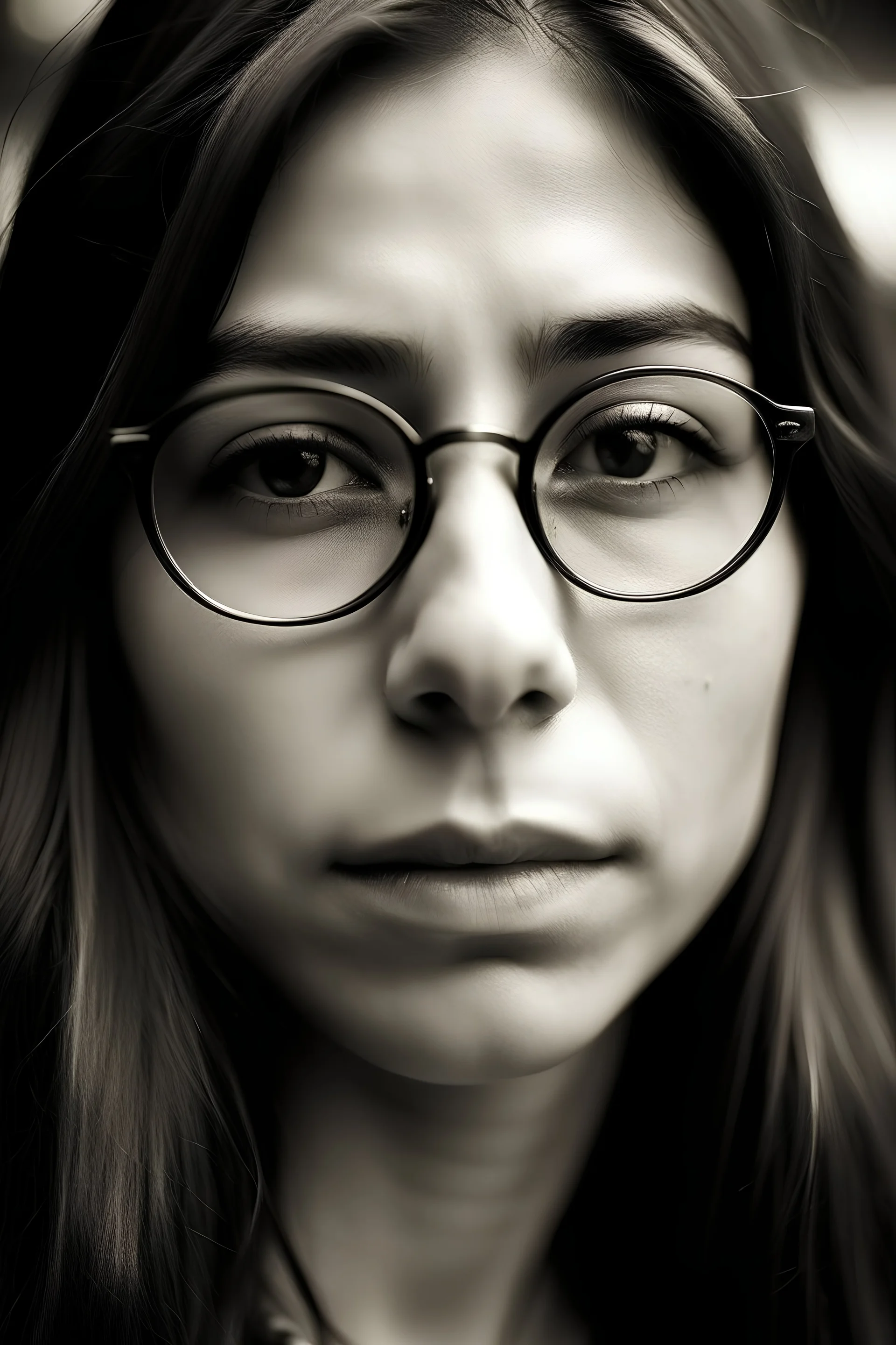 27 year old Hispanic women almond shaped eyes, long brown hair, straight nose, thin lips. Face etched with worry, wearing small John Lennon style glasses. Wise beyond her years