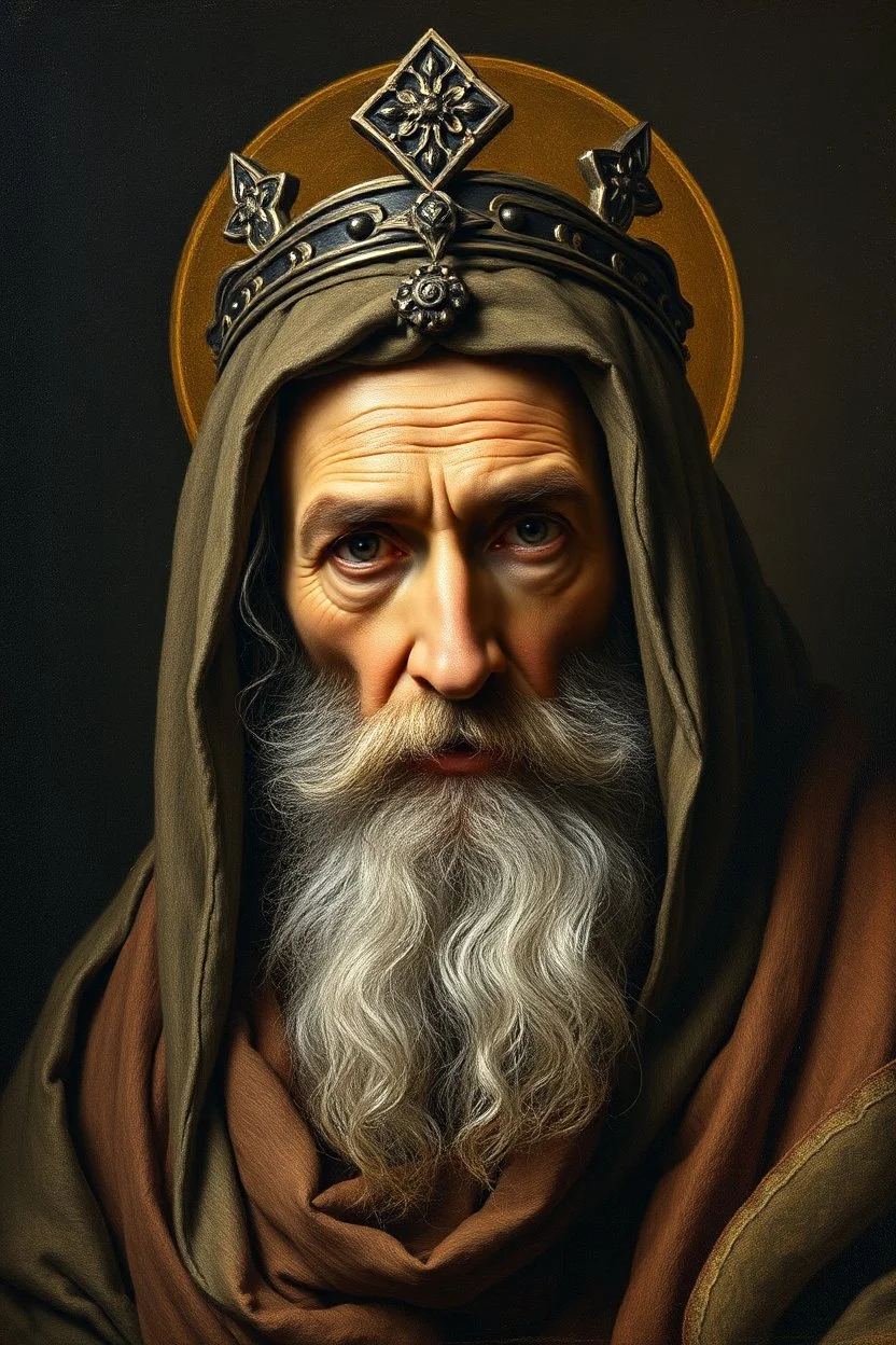 pin hole cam, master oil painting by Rembrandt, realistic rendering Portrait of the Apkallu sage who were sent by the god Ea to teach civilization to humanity before the flood. Jesus shape like an ice cream.