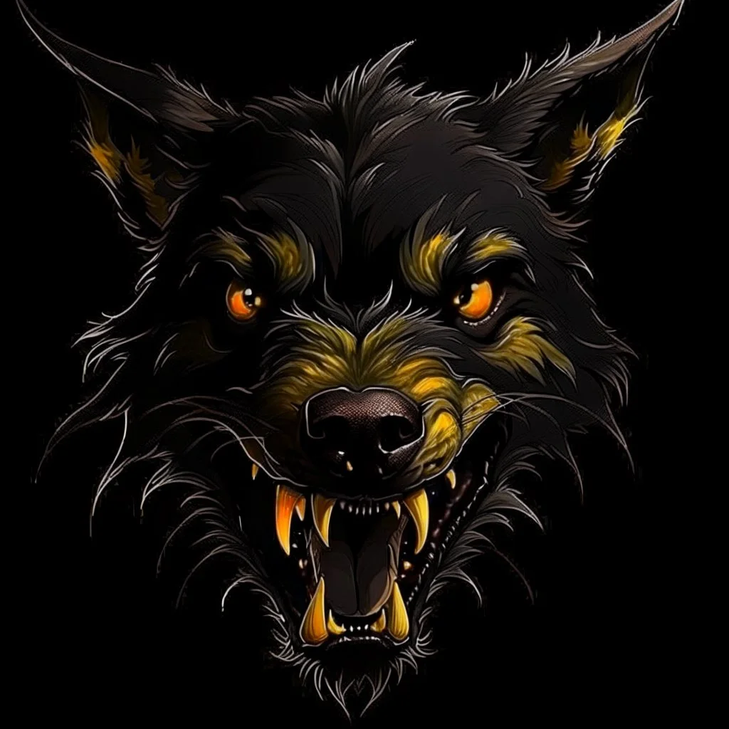an angry scruffy black terrier on black background, yellow eyes, defined teeth, 30% lighter, illustration