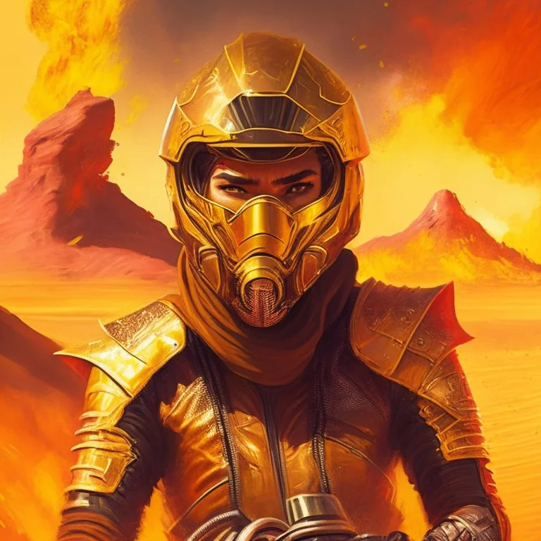 A portrait of a biker racer wearing a golden shiny armour biker like, in a desert with a volcano background. Magic the gathering style art. Diesel punk. Red ambient.