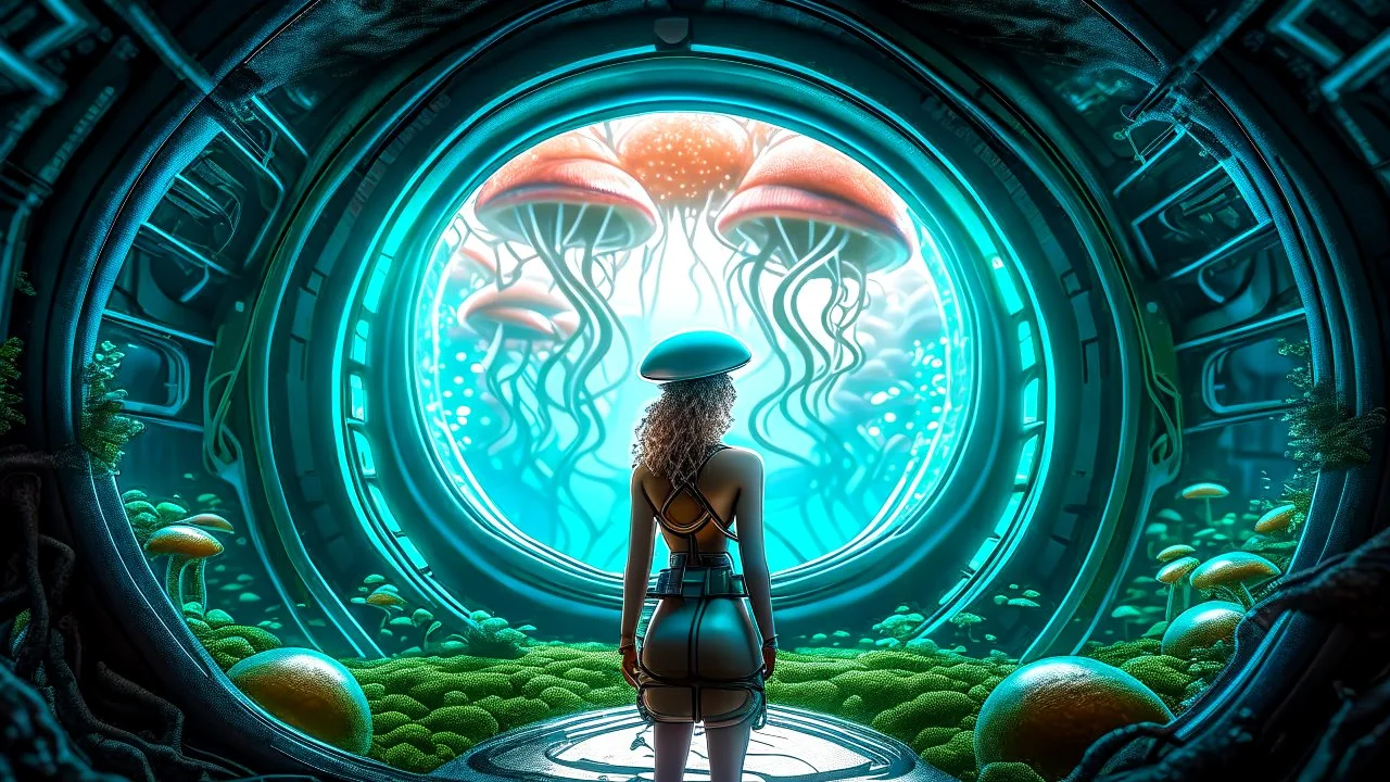 woman standing inside the interior of a ruined alien spaceship, with a circular window, overrun with mushrooms with jellyfish tentacles