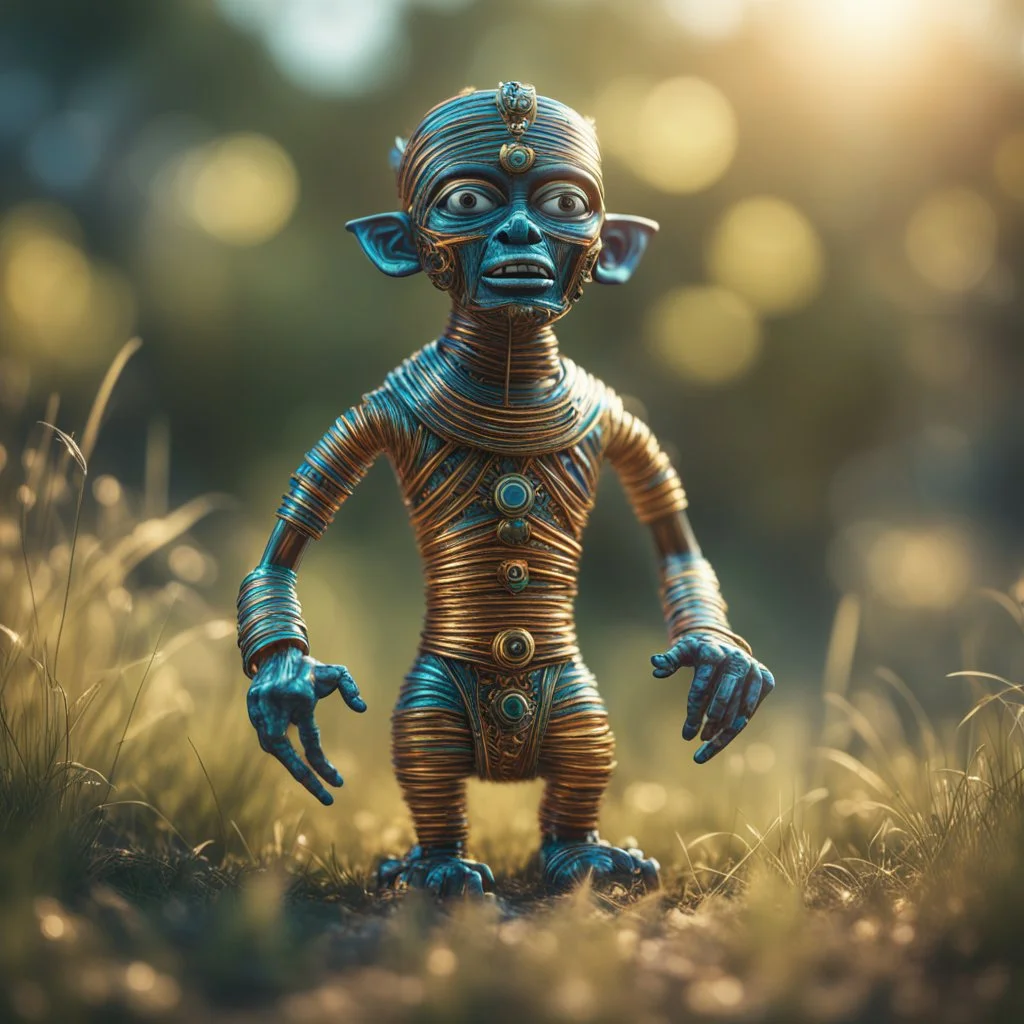 electric egyptian mummy troll in the style of Escher, in t-pose made from tinted murano glass in long grass ,bokeh like f/0.8, tilt-shift lens 8k, high detail, smooth render, down-light, unreal engine,bokeh like f/0.8, tilt-shift lens 8k, high detail, smooth render, down-light, unreal engine