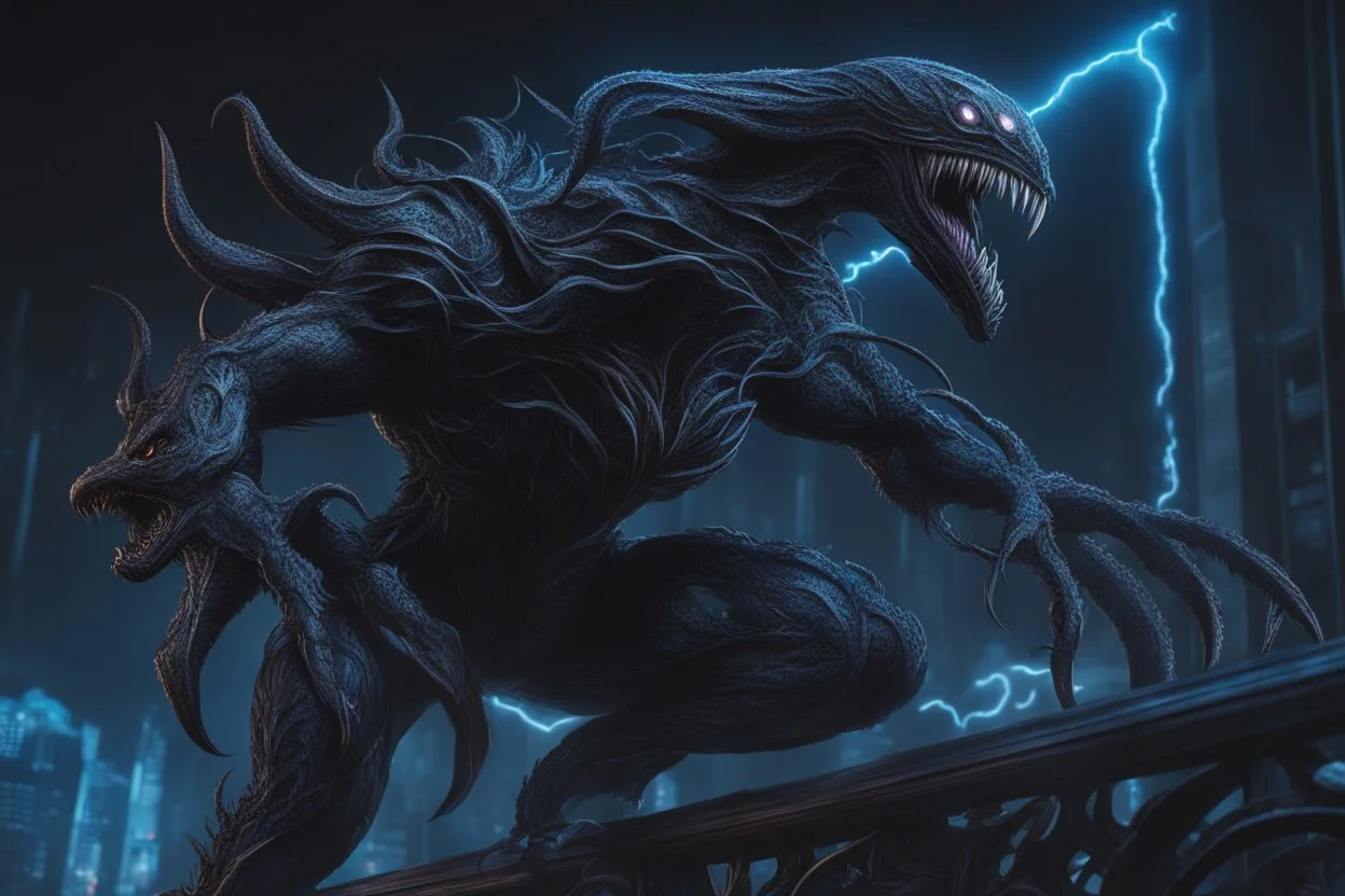 Huge symbiote in 8k solo leveling shadow drawing, Cthulhu model, neon blue lights, sea, intricate details, highly detailed, high details, detailed portrait, masterpiece,ultra detailed, ultra quality