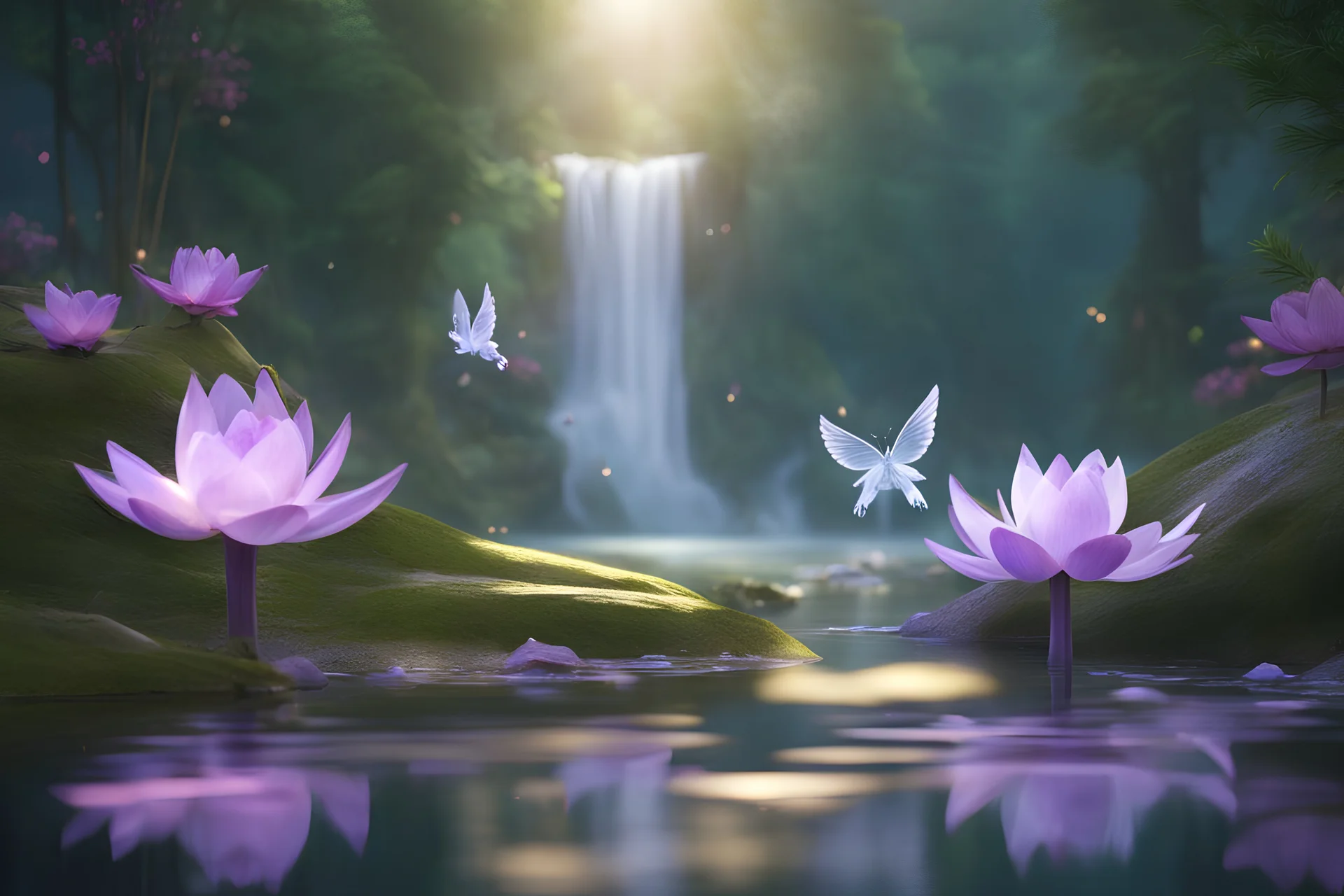 amethysts crystals, with transparency, in a forest, swan on lake, reflexion, waterfall with beautiful fairies with long hair and transparent wings, butterflies and lotus flowers, ultra sharp focus, ultra high definition, 8k, unreal engine5