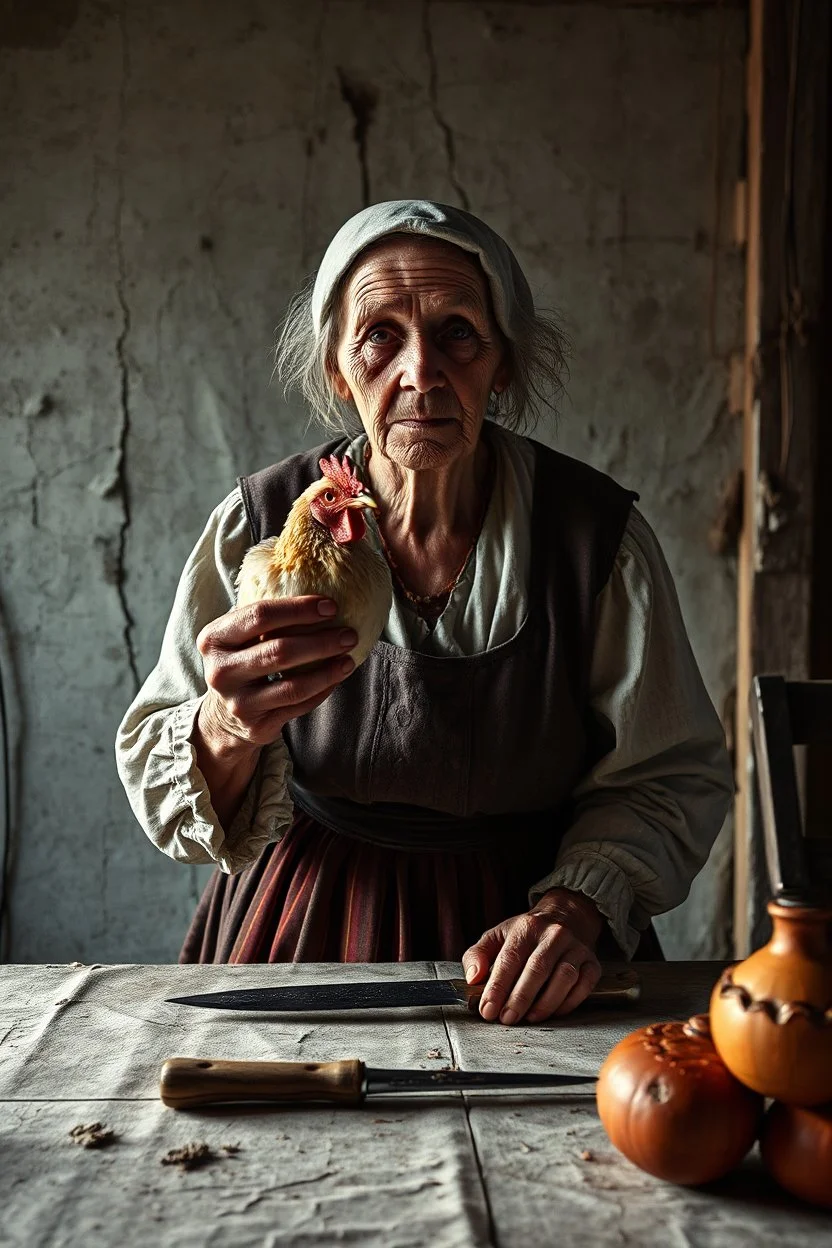 "A an old paints cracked dirty abandoned barn an old woman holding a chicken from the neck in one hand and holding a knife on the other hand on the table , , insanely detailed octane render trending on artstation, 8k artistic photography, photorealistic concept art, soft natural volumetric cinematic perfect light, chiaroscuro, award-winning photograph, masterpiece, oil on canvas, Raphael, Caravaggio, Greg Rutkowski, people, beksinski, Giger
