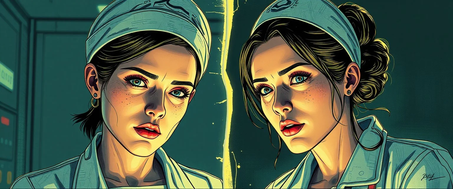 cyberpunk fallout 4, airbrush and pen outline, A cinematic, high-end advertisement image for a fictional service called “Splice Girl Nurses, Rebuilding Bone Structure™”. Split-screen composition with two contrasting emotional states.