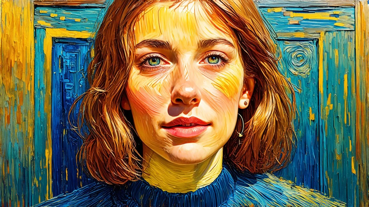 Van Gogh style. Beautiful female face looking at me, ultra realistic, stylized, highest resolution, best quality, extremely sharp focus, celtic style