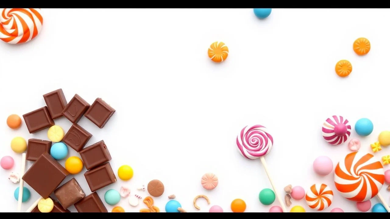 A beautiful image filled with chocolate, lollipops, and various colored pastels and candies on the left side of the image with a white, orange, and pale blue background theme.
