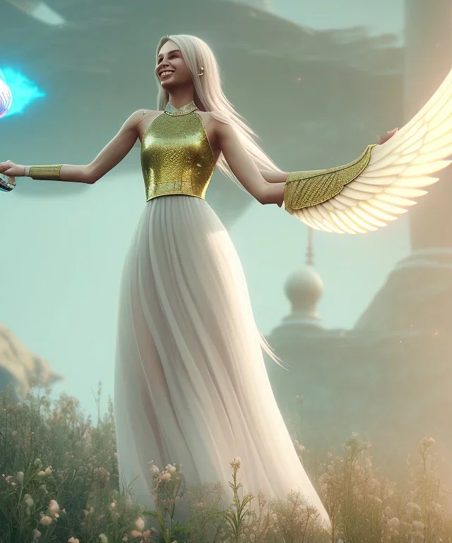 subtle queen, atmospheric, realistic, unreal engine, cinematic lighting, octane render, transparent long dress, blonde, full body, bright wings, smile, long hair