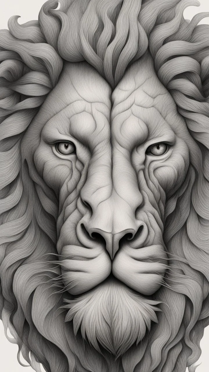 ππ§π€π’π₯π© highly detailed graphite illustration, A lion face with exaggerated anatomical features, heavily wrinkled skin, and an intense, contemplative expression. bald head, thick eyebrows, long beard merge into swirling abstract shapes. Large, expressive hands, one covering the mouth and the other gripping the forehead tensely. Mysterious, introspective, dreamlike, somewhat dark fantasy. #ππ§πart #prompt
