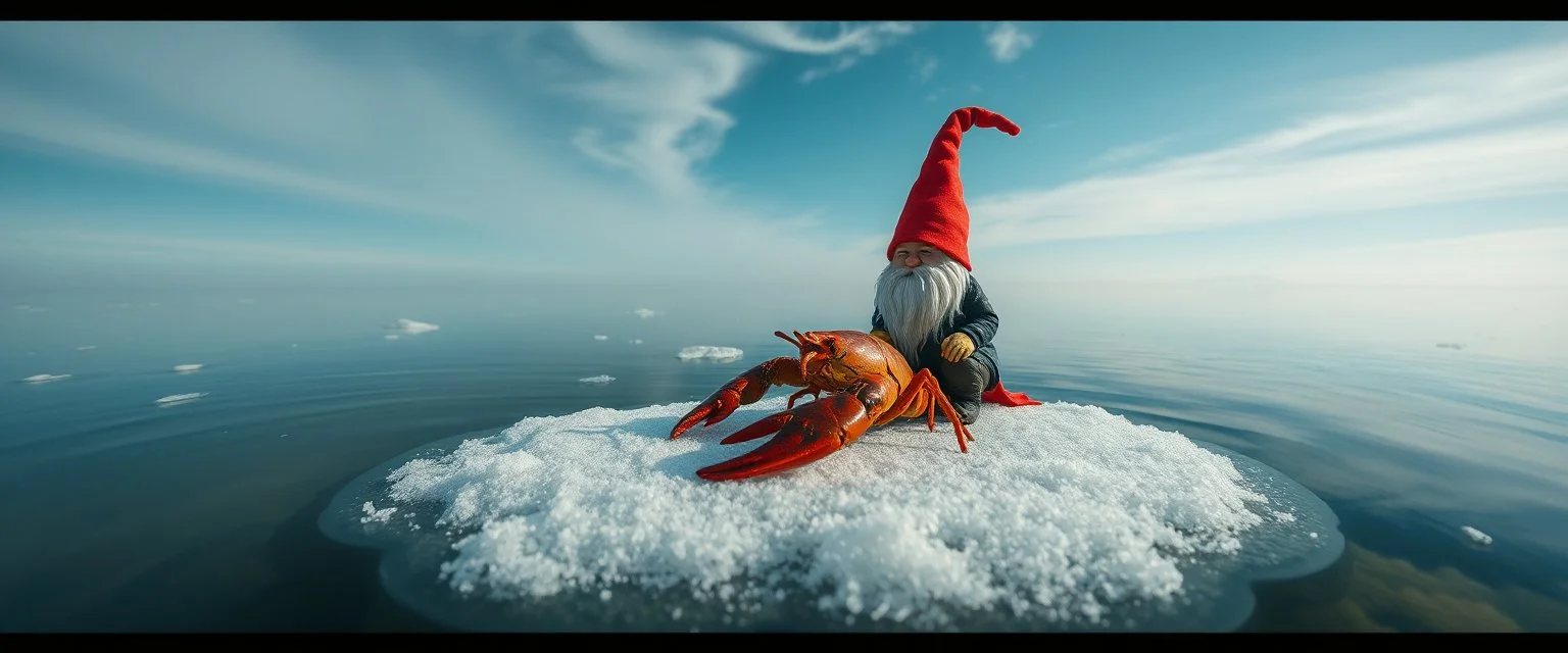 airbrush rendering, close up lobster and gnome on small frozen island in lake, pinhole cam