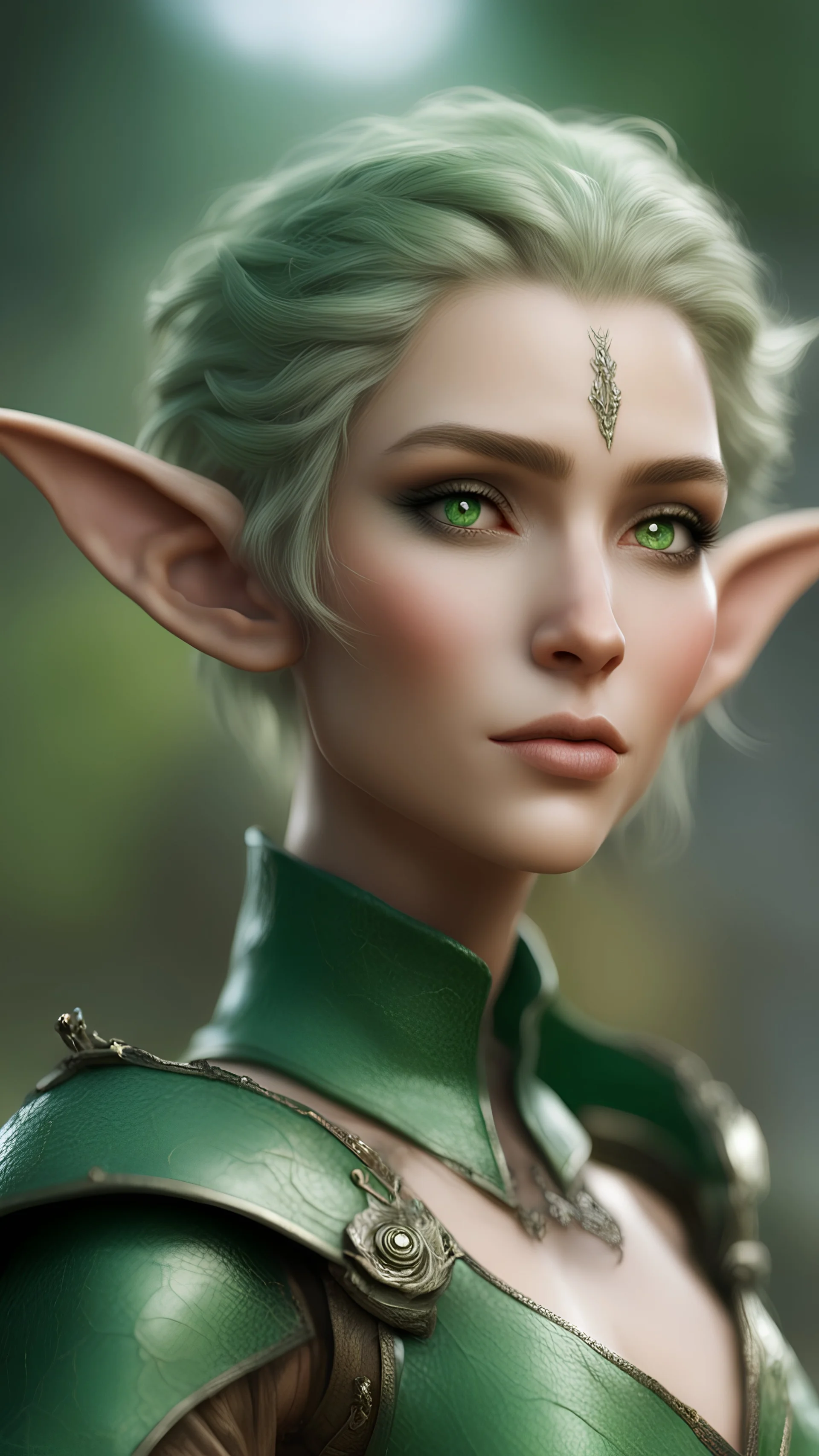 elf, short ears, wearing green leather, Luis Royo art style, bokeh like f/0.8, tilt-shift lens 8k, high detail, smooth render, down-light, unreal engine, prize winning