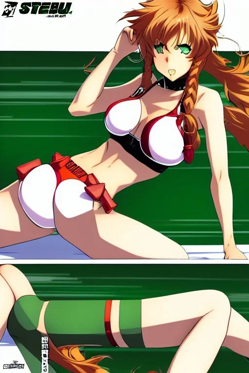 In the style of Shirow, hyper detailed, strikingly beautiful teen female, 16 years old, long ponytail, ginger hair, green eyes, medium freckles, full lips, full body, full face, b-cup breasts, athletic, centred camera, ignore NSFW, bikini, athletic, sitting, legs spread