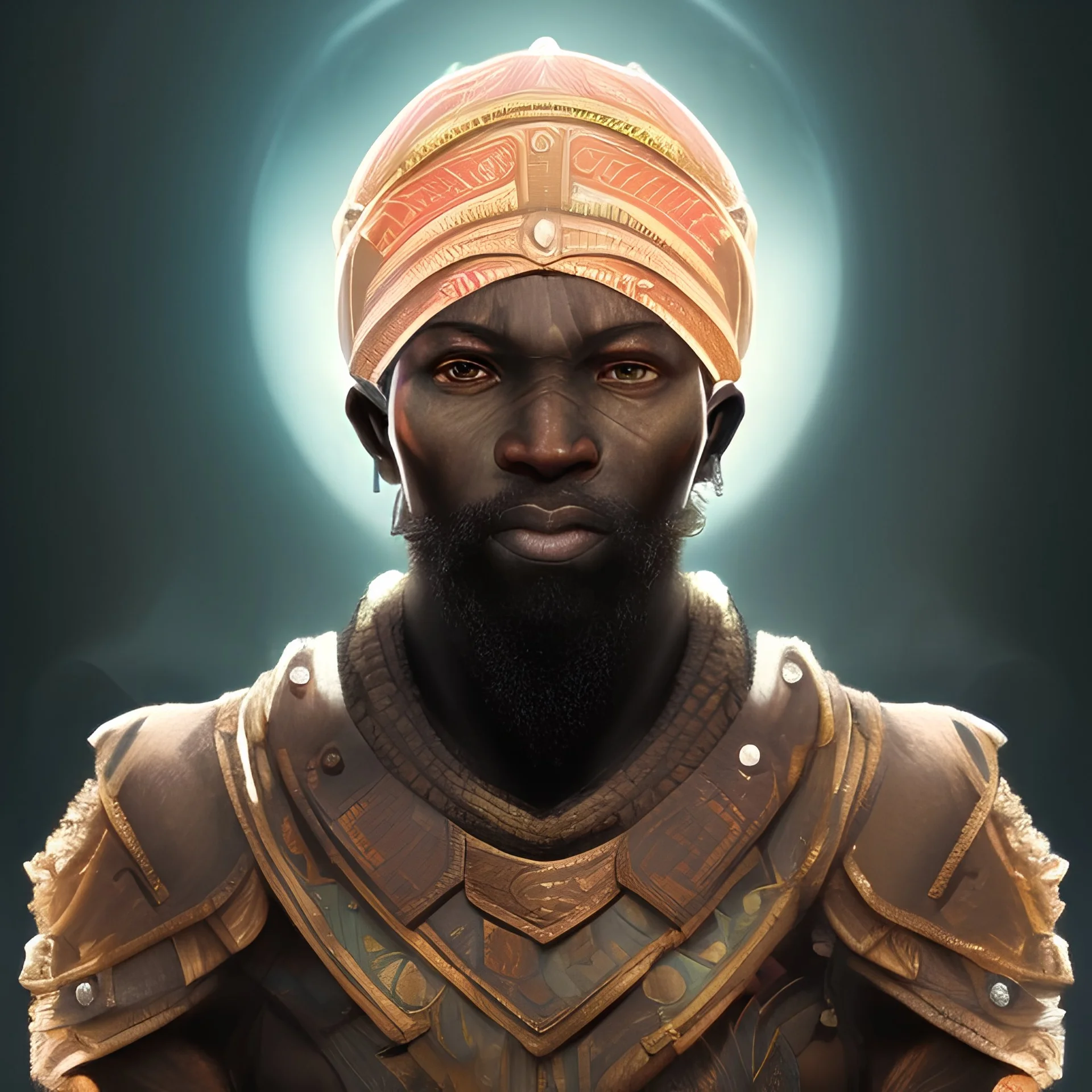 African warrior, ominous, dnd character portrait, waist up portrait, intricate, oil on canvas, masterpiece, expert, insanely detailed, 4k resolution, retroanime style, cute big circular reflective eyes, cinematic smooth, intricate detail , soft smooth lighting, vibrant colors, hokusai style arm sleeve tatoo