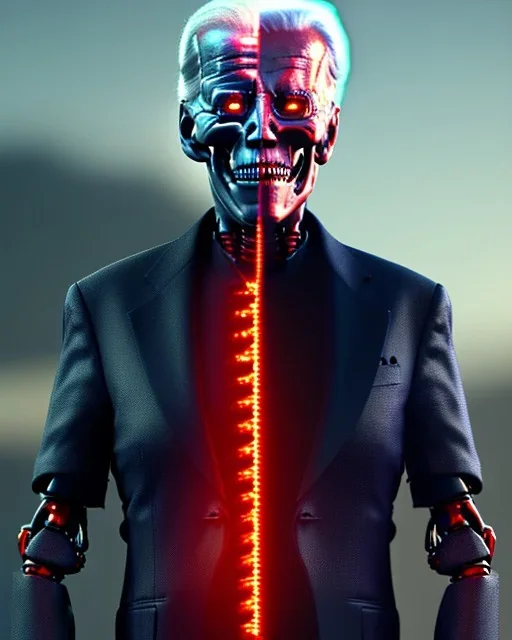 Terminator, Joe Biden as a Terminator,skeleton, evil, 8k, red glowing eyes, battle in background