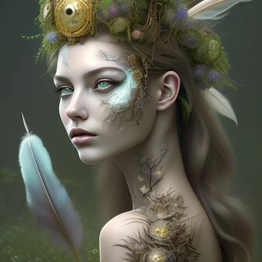 Portrait of beautiful girl, face dept of field,face shining, plant, metal, feathers,central weight average, CWA Dryad, fae, sidhe, ominous, nature, plants, wildflower sparkle,wildflower 3d view, facepaint, dnd character portrait, intricate, oil on canvas, masterpiece, expert, insanely detailed, 4k resolution, retroanime style, cute big circular reflective eyes, cinematic smooth, intricate detail , soft smooth lighting, soft pastel colors, painted Renaissance style,sharp fucus, bokeh,macro lens,